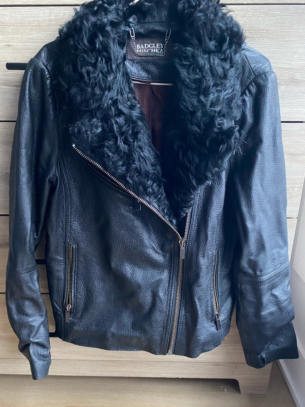 Badgley Mischka Black Leather Jacket with Faux Fur Collar